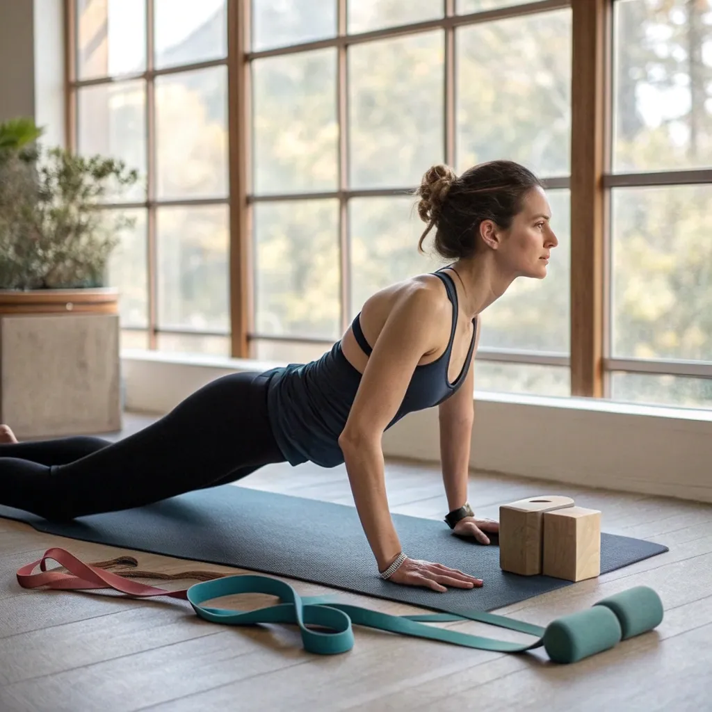 Sarah practicing yoga with rented equipment