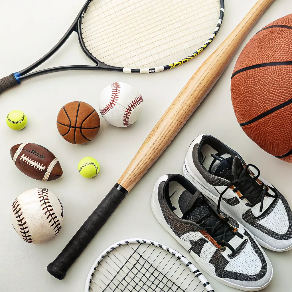 A display of various sporting gears